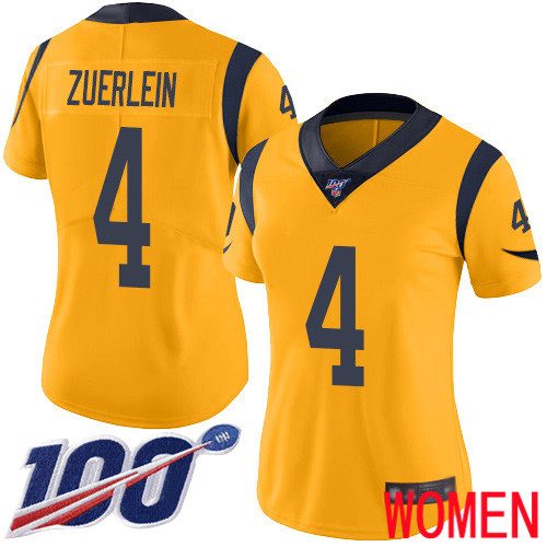Los Angeles Rams Limited Gold Women Greg Zuerlein Jersey NFL Football 4 100th Season Rush Vapor Untouchable